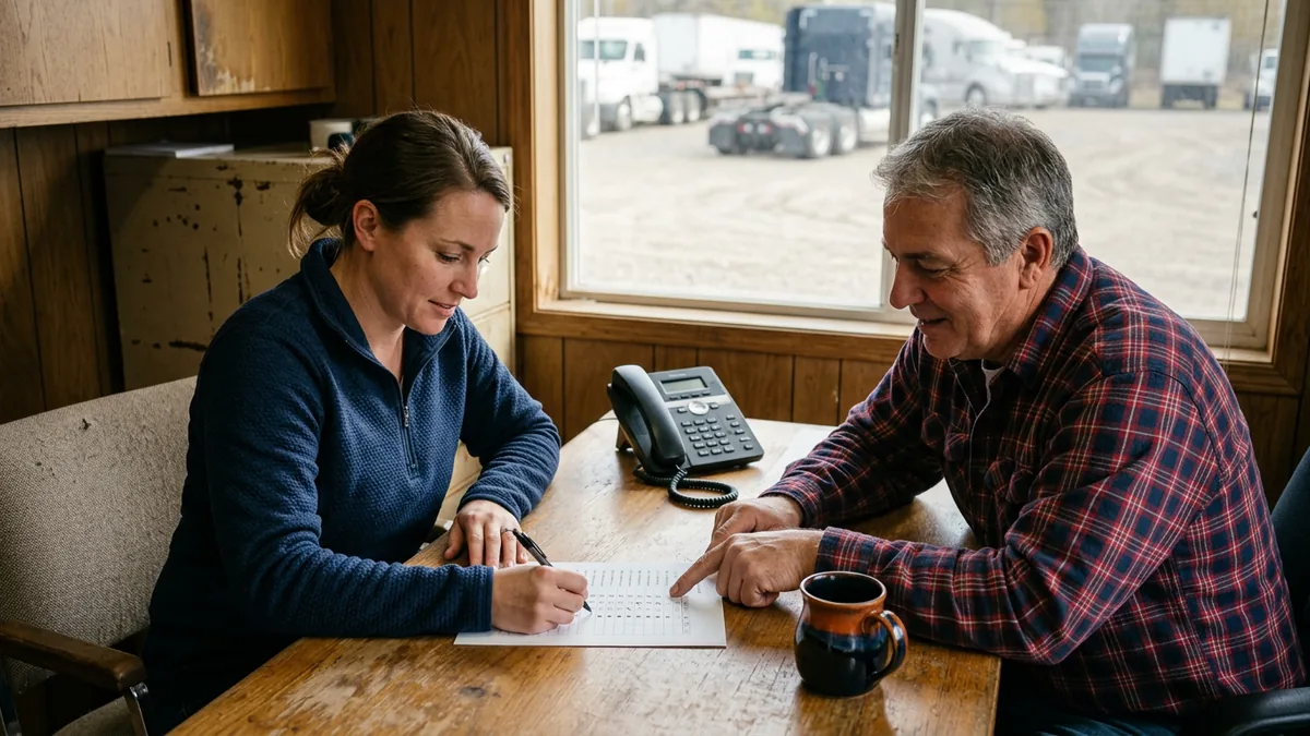 Two truck dealership managers marking up a printed checklist at a branch office desk