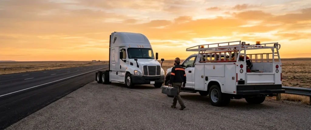 Mobile service truck and technician stopped behind a semi tractor on an interstate shoulder at sunrise