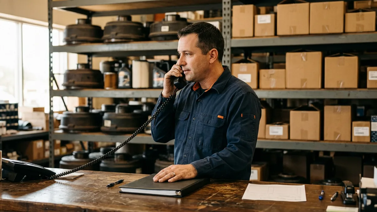 Parts counter employee at a heavy truck dealership branch on the phone with the remote IT help desk