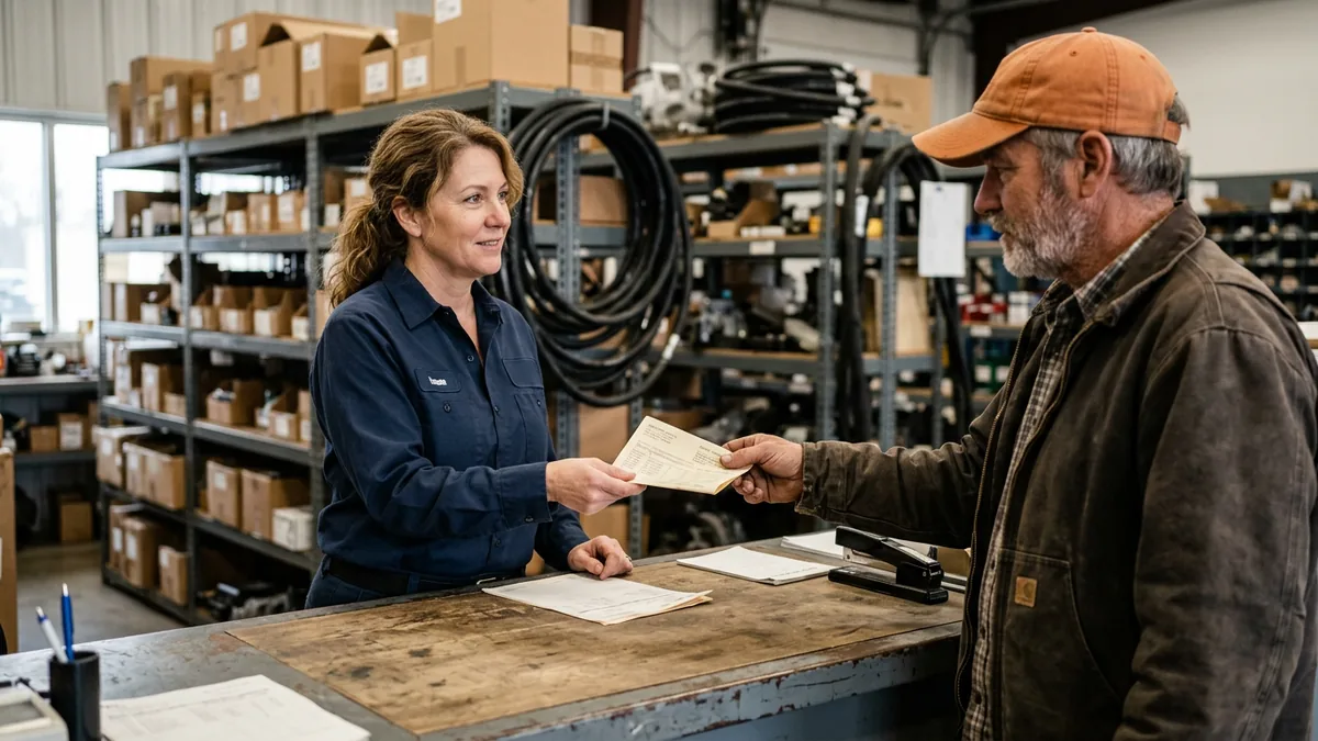 Truck dealership parts counter employee handing a printed pick ticket to a truck driver