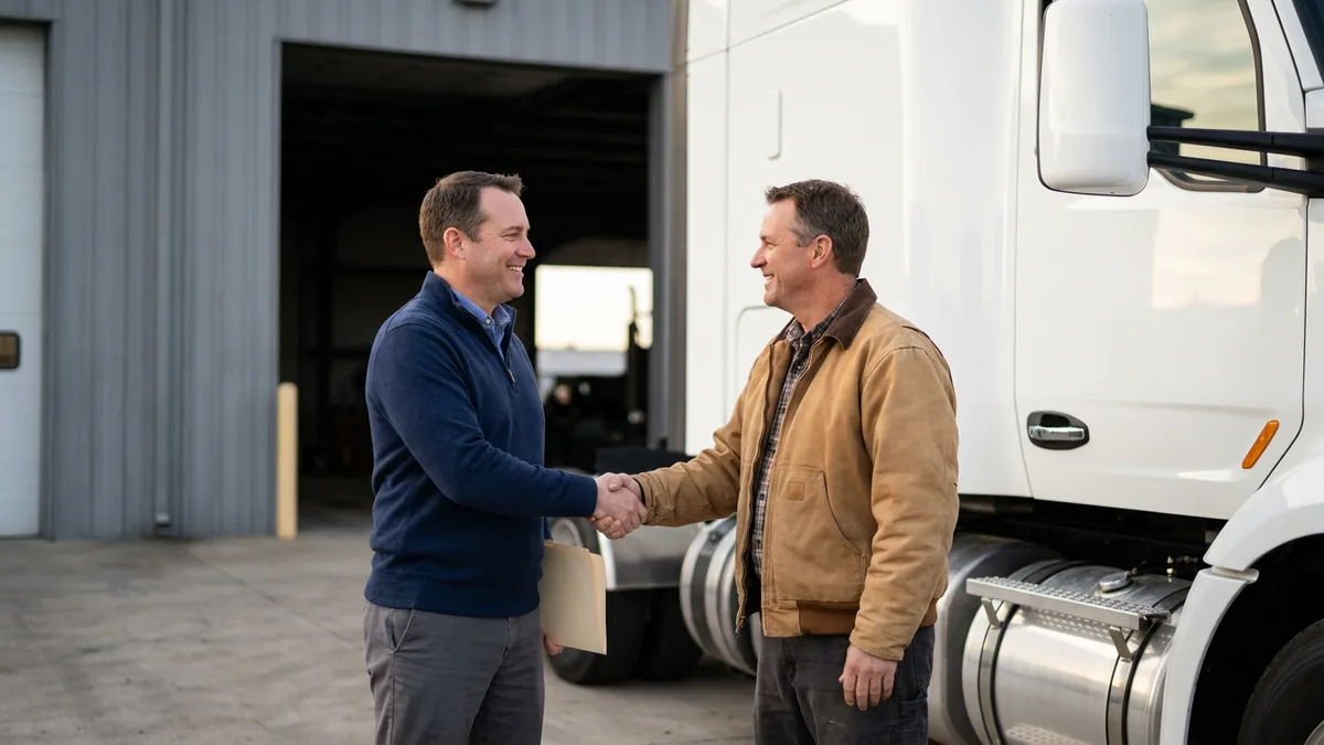 Truck dealership salesperson shaking hands with a fleet customer beside a new semi tractor outside the service building