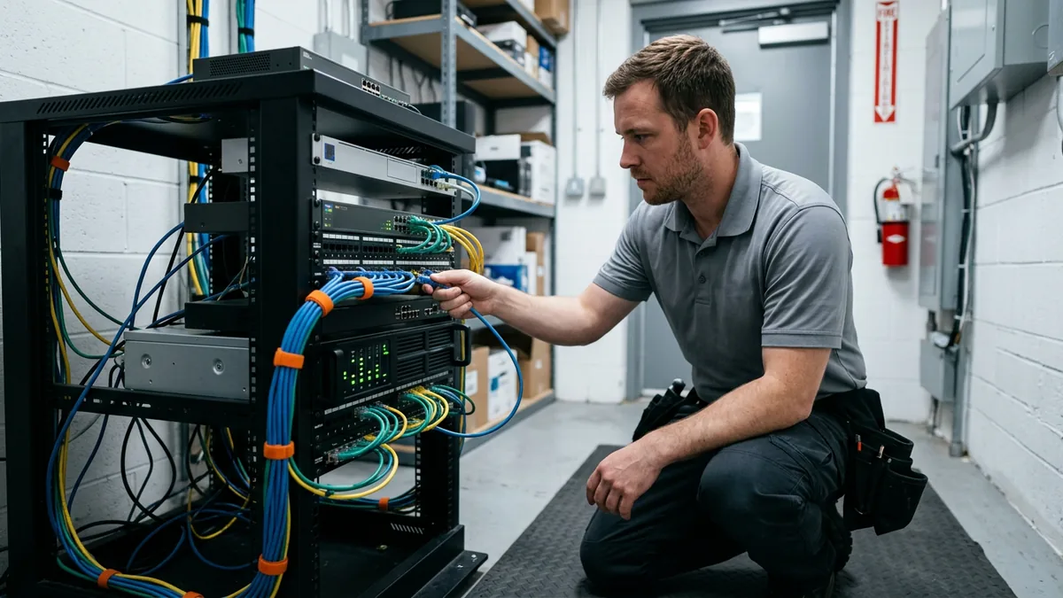 IT technician checking a network rack and backup appliance in a truck dealership server closet, part of testing that backups actually restore