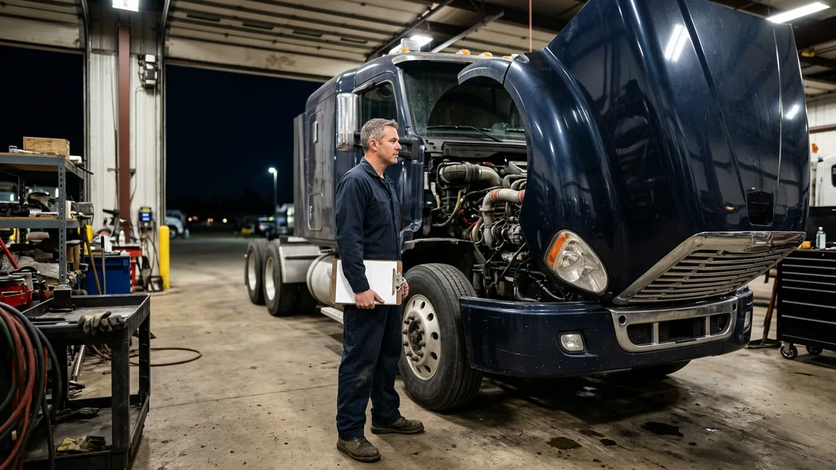 Diesel technician holding a paper repair order beside a semi tractor in a truck dealership service bay at night