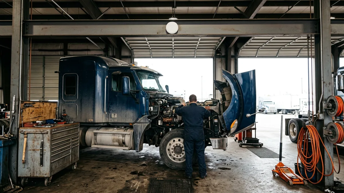 Heavy truck service bay with a technician working on a Class 8 tractor and a wireless access point on the roof beam, the shop Wi-Fi that Procede Excede mobile tools rely on