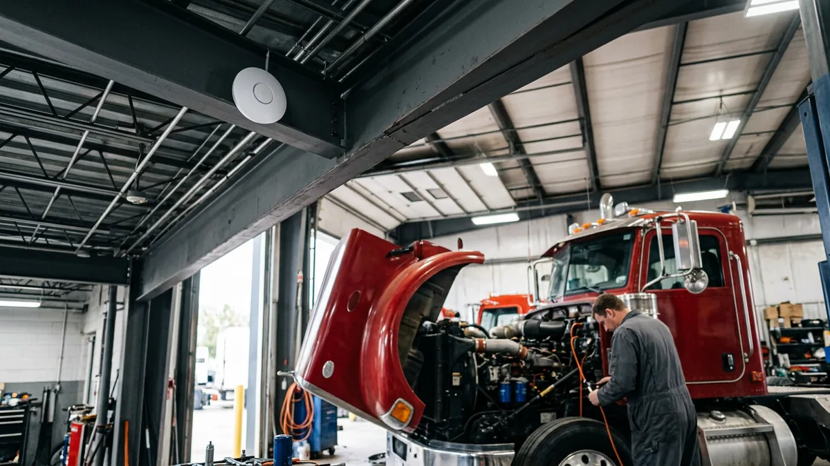 Wireless access point mounted on a steel roof beam above the service bays of a heavy truck dealership