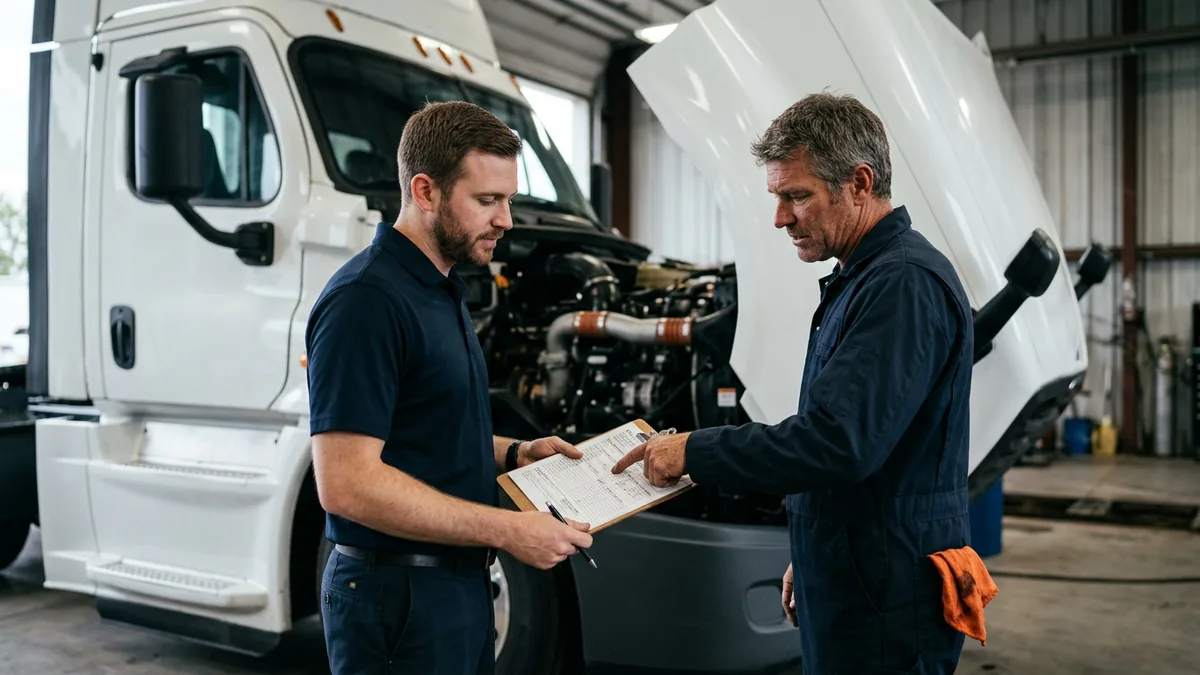Truck dealership service writer and diesel technician reviewing a printed repair order beside a semi tractor