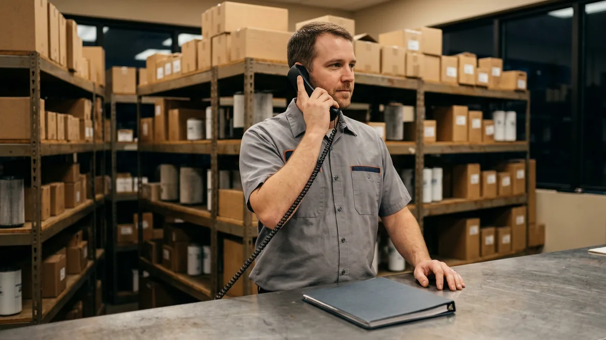 Truck dealership parts counter employee on the phone with the IT help desk during the night shift