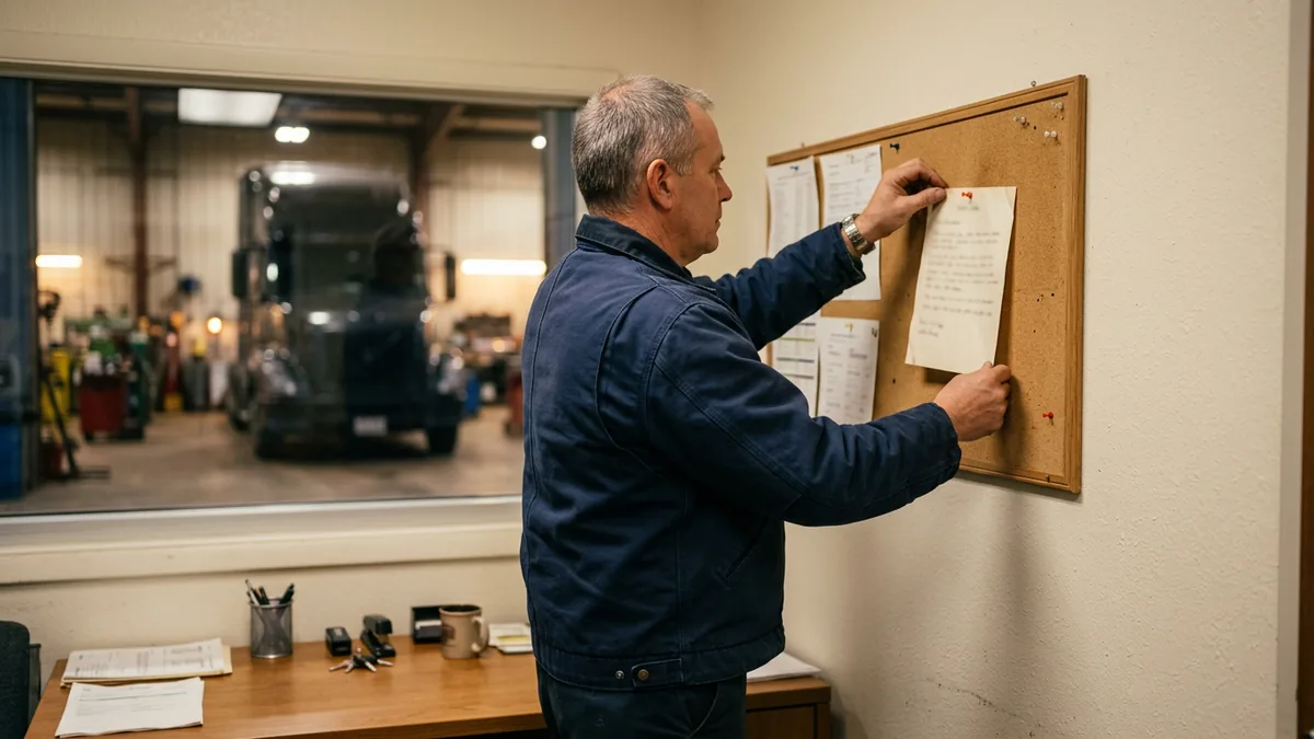 Shop foreman pinning the help desk contact sheet to a cork board in a truck dealership shop office