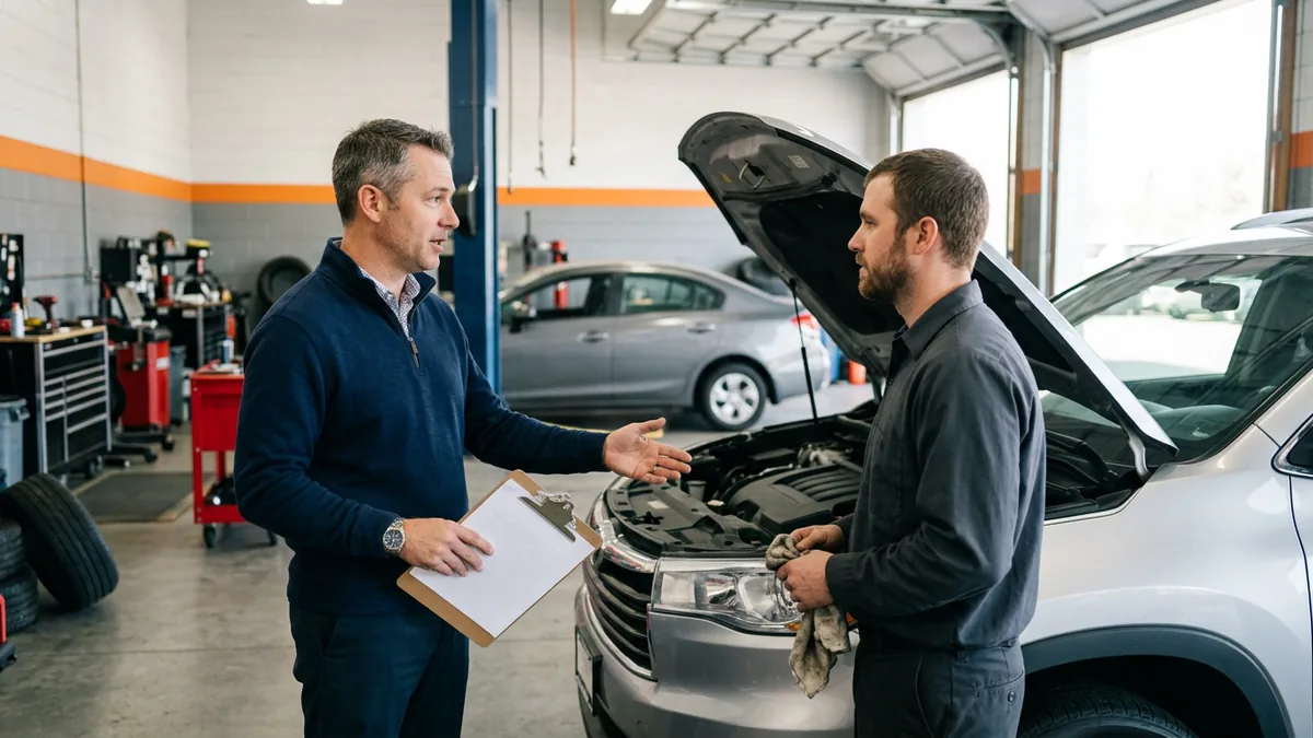 Used car manager with a clipboard and a technician discussing a used SUV's reconditioning status in a dealership service bay