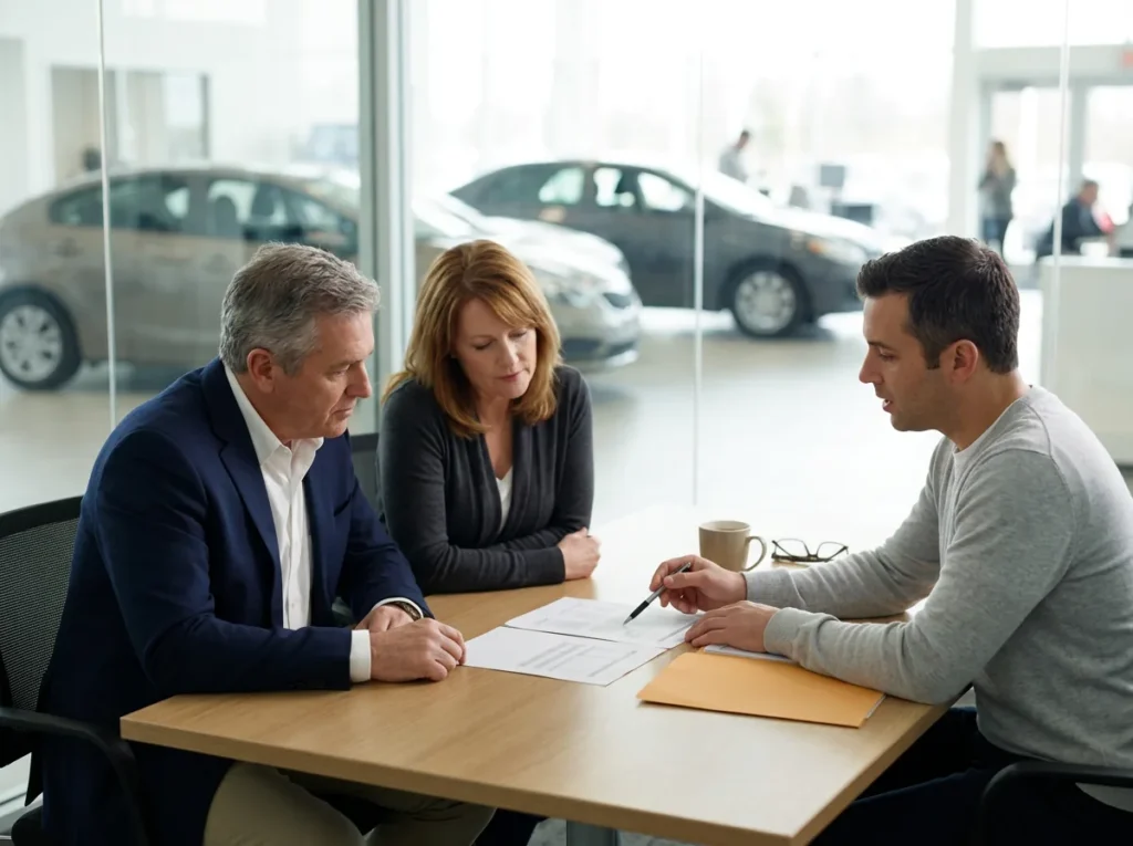 Dealer principal and CFO reviewing a printed technology plan with a technology advisor in a glass-walled conference room beside a dealership showroom