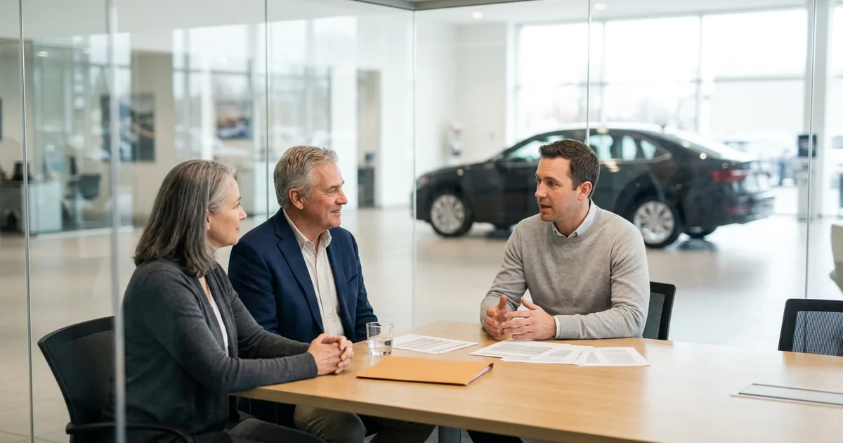 Dealer principal, CFO and technology advisor meeting at a conference table beside a dealership showroom