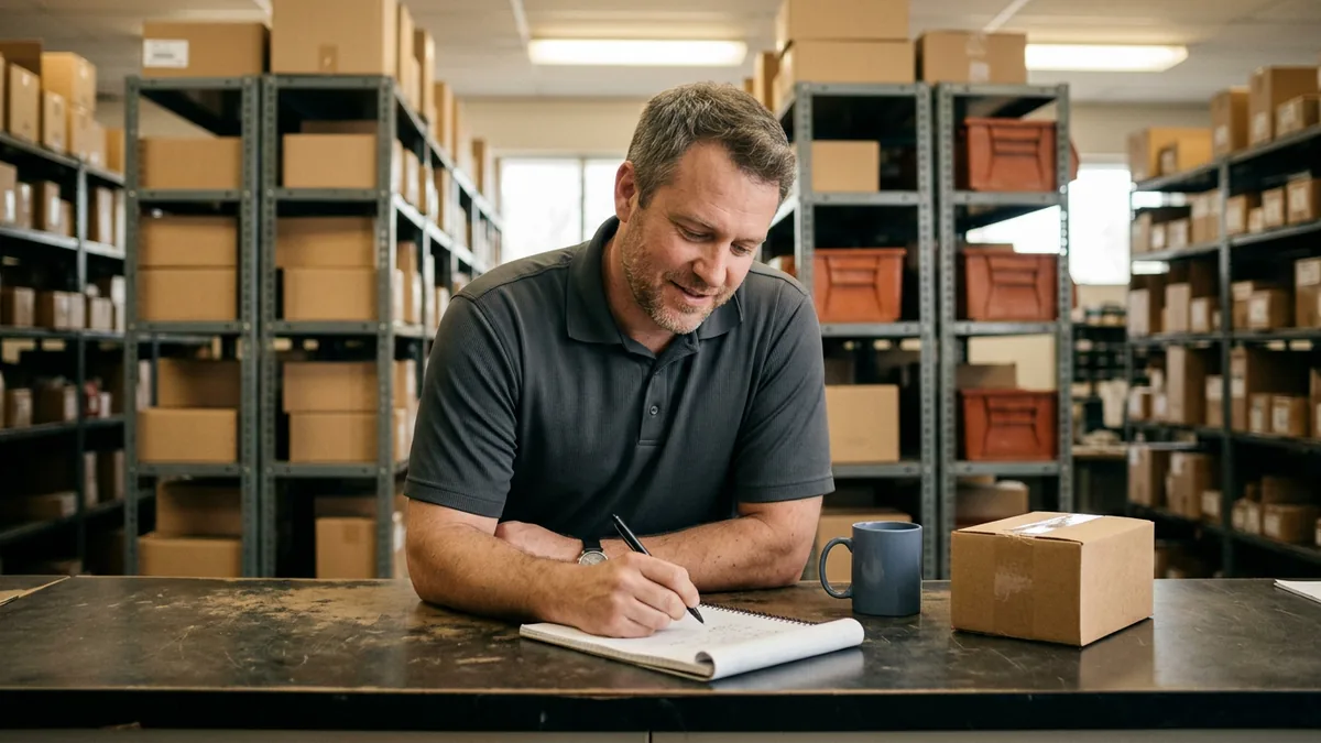 Dealership parts manager at the parts counter sketching an idea in a notebook, where vibe coding at dealerships usually starts