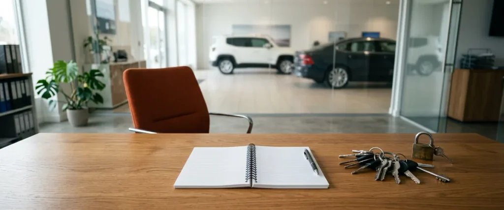Dealership office desk with an open notebook, a ring of car keys and a brass padlock, illustrating vibe coding security risks at dealerships