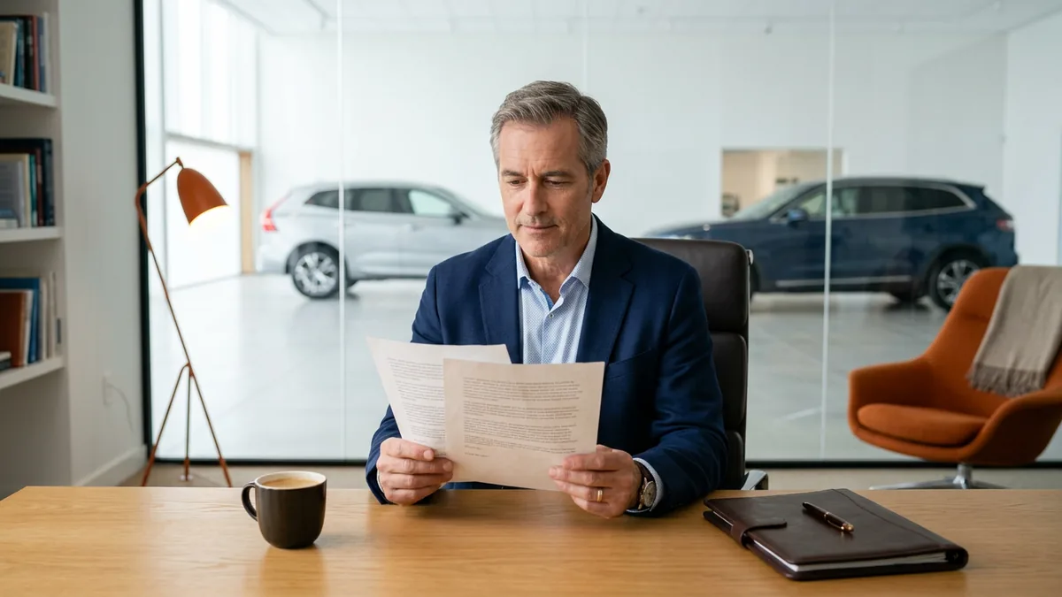 Dealer principal reading a printed vendor incident statement at his desk in a glass-walled office beside the showroom
