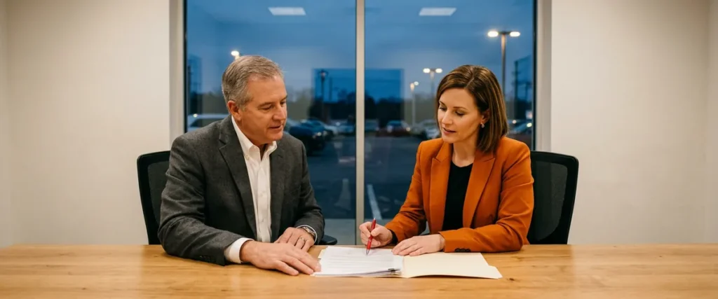 Dealership general manager and controller reviewing printed vendor contracts at dusk after the VinSolutions cyber incident