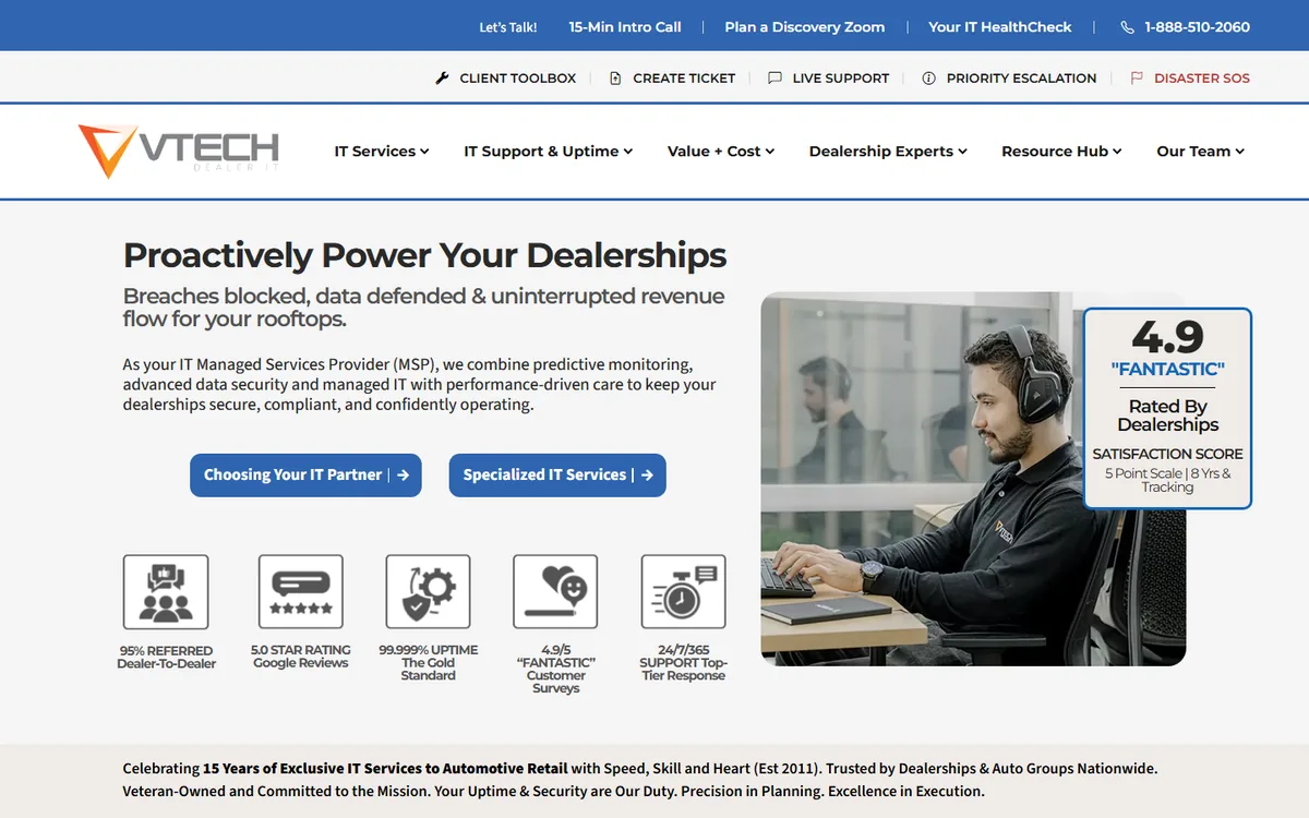 VTech Dealer IT homepage hero section as it appeared on October 8, 2026, showing the headline and main calls to action at vtechdealerit.com