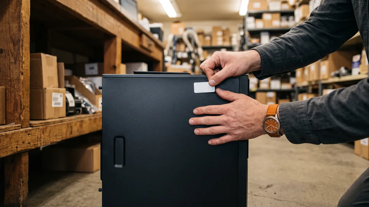 IT technician placing an asset tag on a desktop PC in a dealership parts department during a Windows 10 inventory