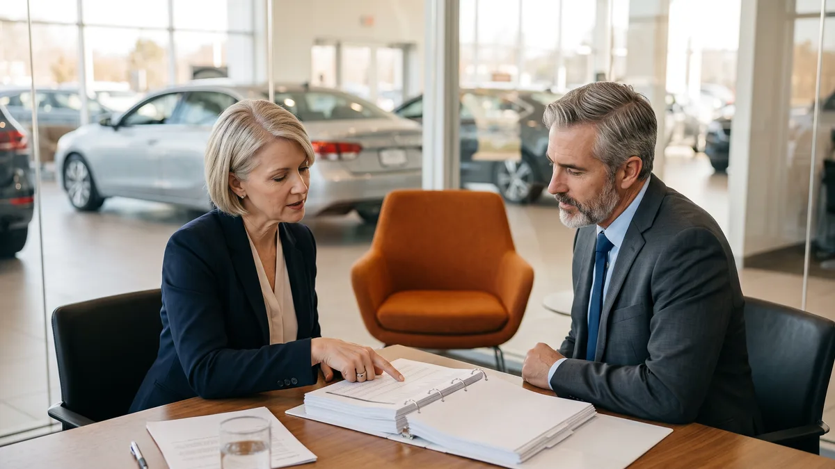 Two dealership executives reviewing an IT due-diligence binder in a showroom office before acquiring a store