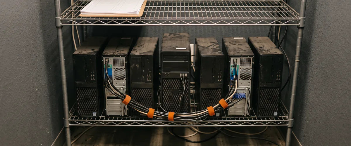 Row of older black desktop PC towers on a wire shelf in a dealership IT closet, cables bundled with orange ties