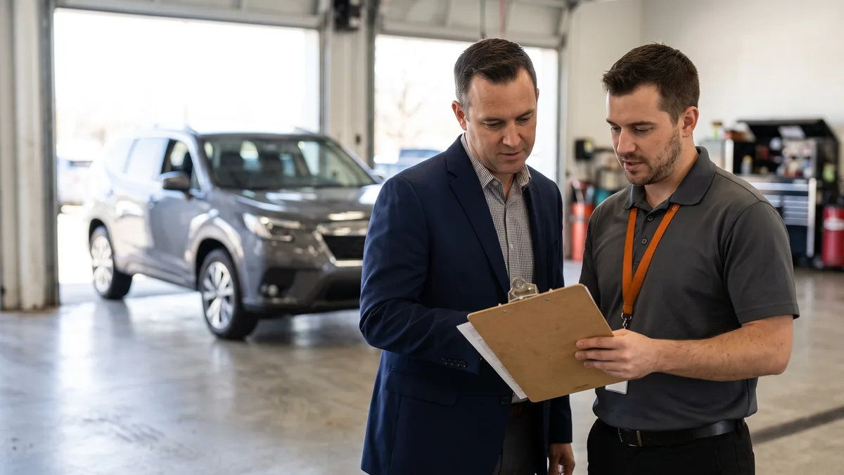 Dealership general manager and IT technician reviewing a printed Windows 10 PC inventory on a clipboard in the service drive
