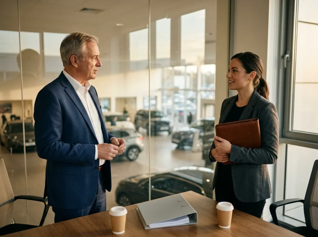 Dealer group president talking with an IT account manager in a glass-walled office above a car dealership showroom