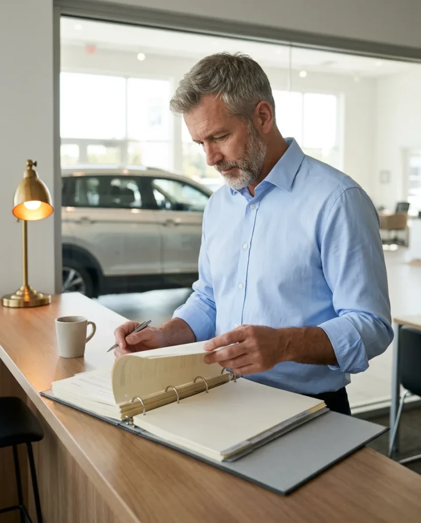 Dealership general manager turning the pages of a thick security program binder at a wooden counter, with the showroom visible through the window behind him