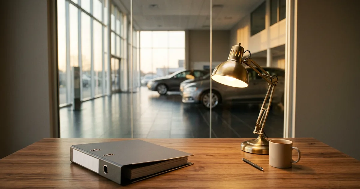 Closed grey binder on a wooden desk beside a brass desk lamp in a dealership office, with the showroom softly blurred behind the glass